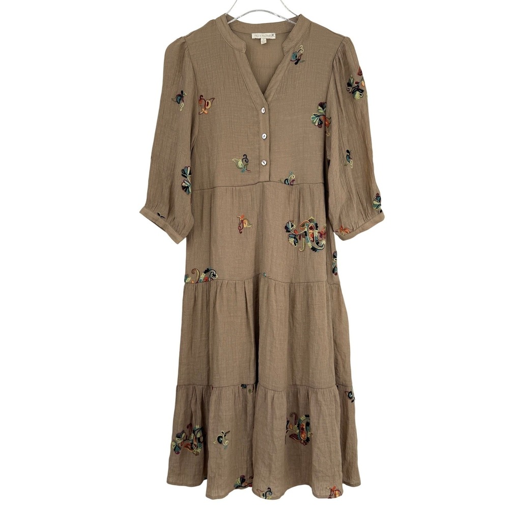Fig + Flower Tiered Midi Dress Women SMALL Embroidered FLORAL PAISLEY Boho Taupe - Picture 2 of 9
